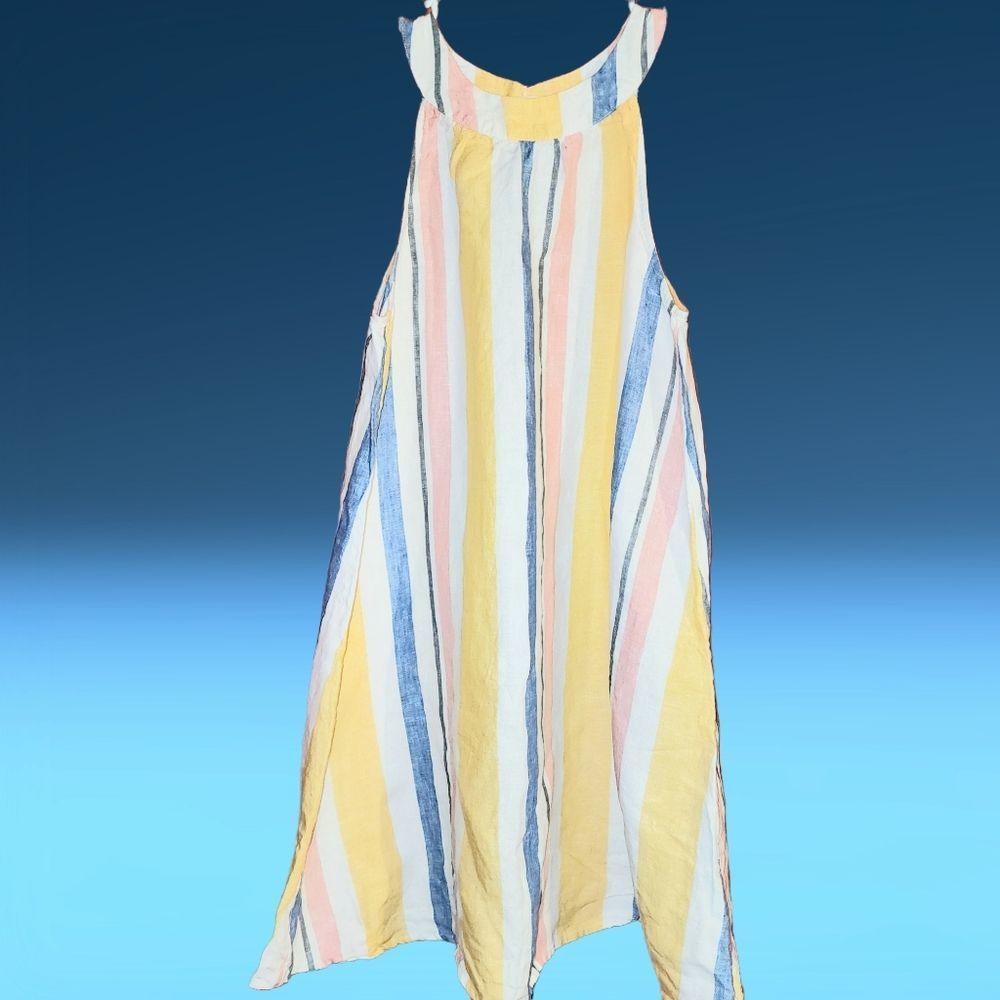 C&C California Striped Linen Halter Mini Trapeze Dress